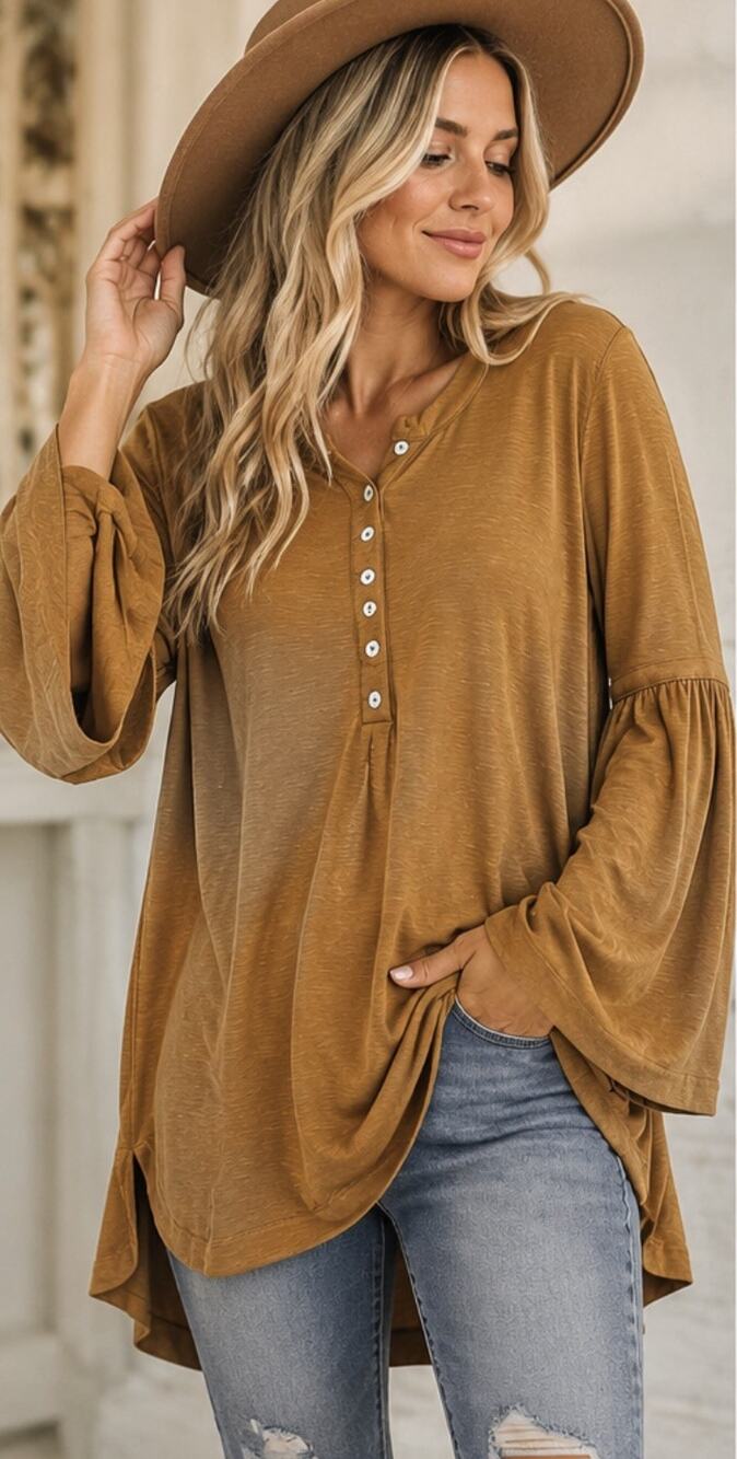 Soft Surroundings Fall Caramel Brown Bell Long Sleeve Tunic Boho Top